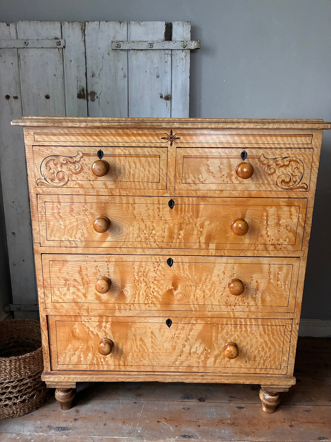 19th Century Scumbled Pine Chest of Drawers with original scumbled paint, showcasing decorative details and faux wood grain.