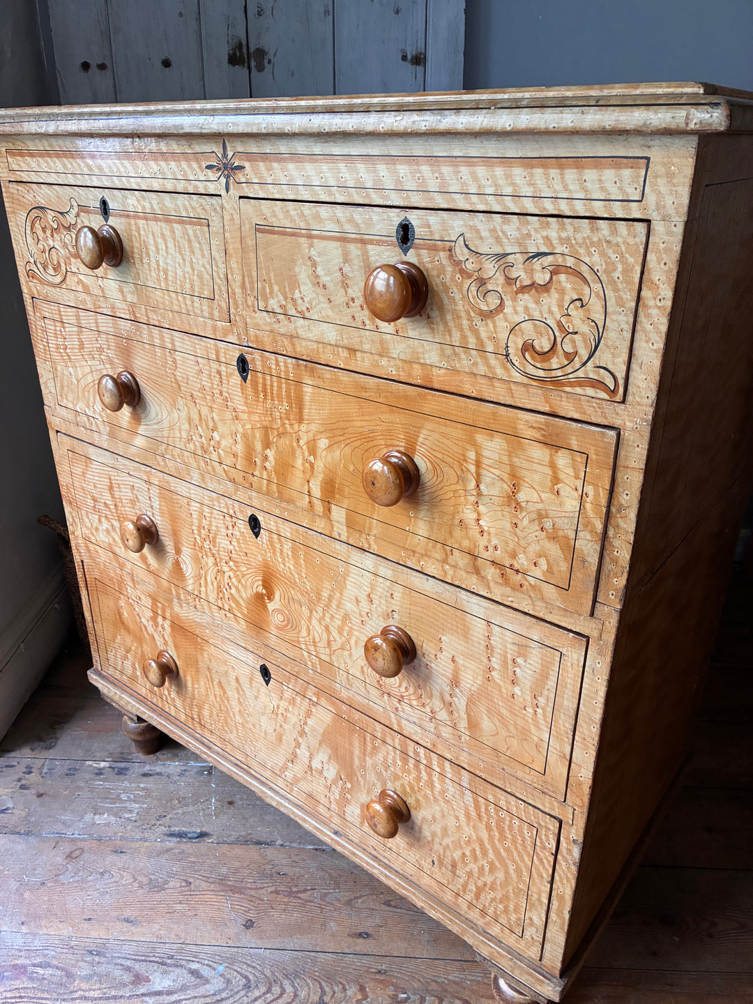 19th Century Scumbled Pine Chest of Drawers with intricate details and faux wood grain effect from Source for the Goose, Devon.