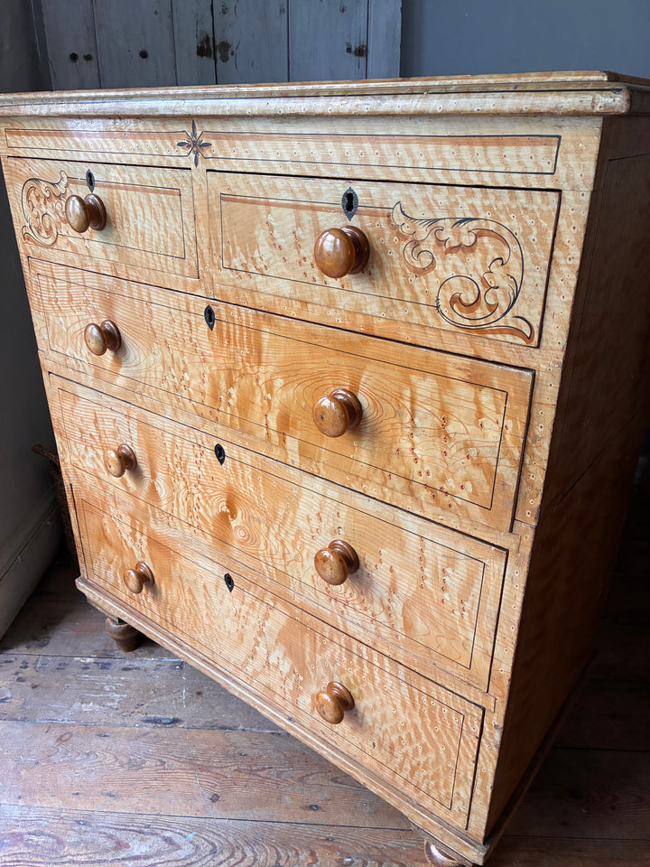 19th Century Scumbled Pine Chest of Drawers with intricate details and faux wood grain effect from Source for the Goose, Devon.
