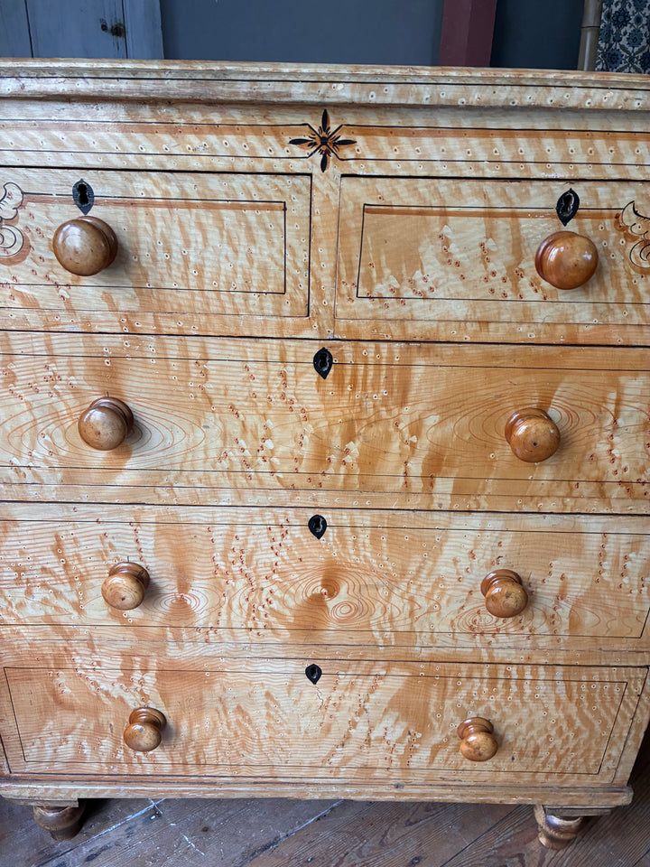 19th Century Scumbled Pine Chest of Drawers with detailed wood grain and decorative knobs from Source for the Goose, Devon.