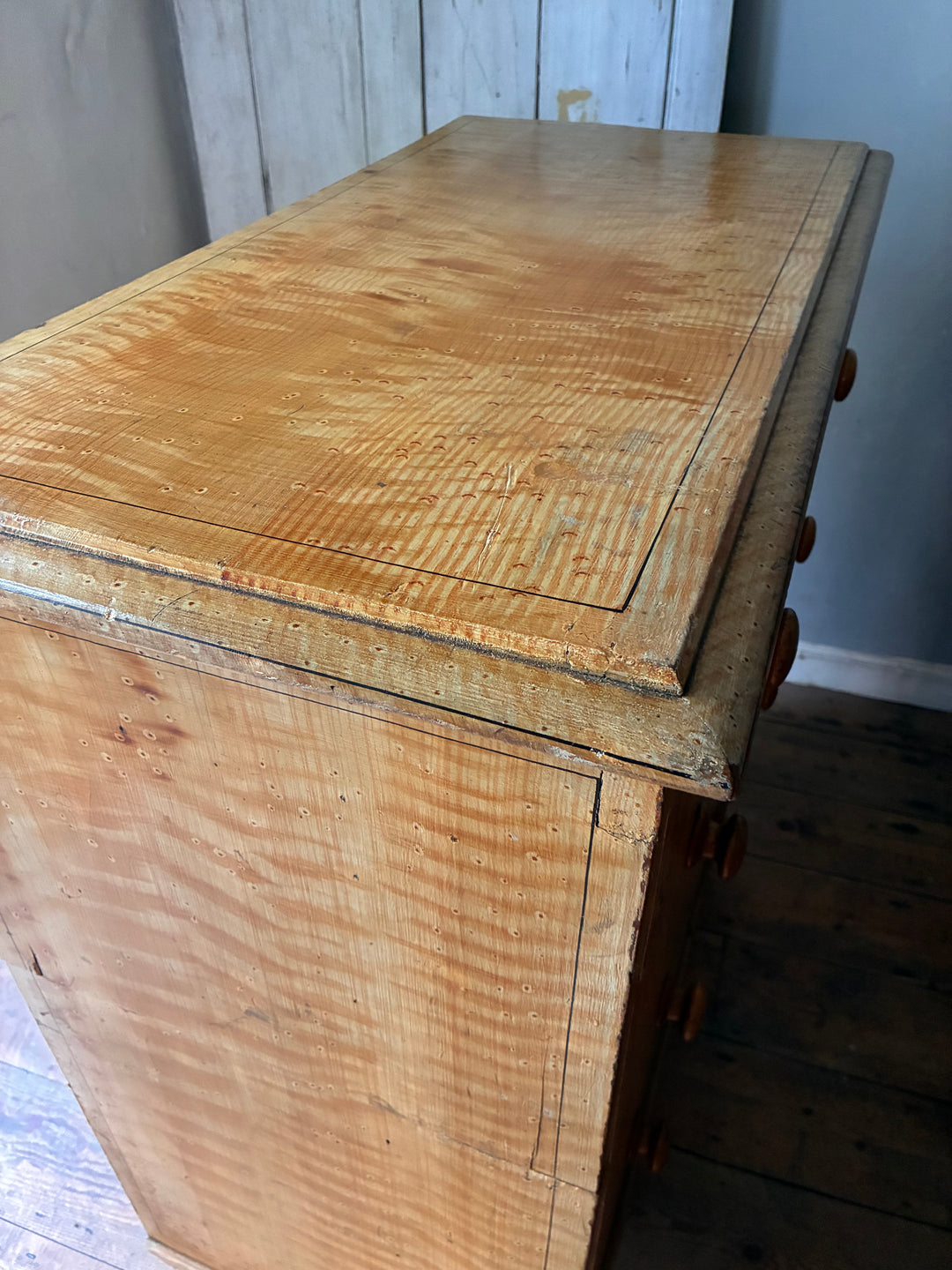 19th Century Scumbled Pine Chest of Drawers with original faux wood grain detail and character.