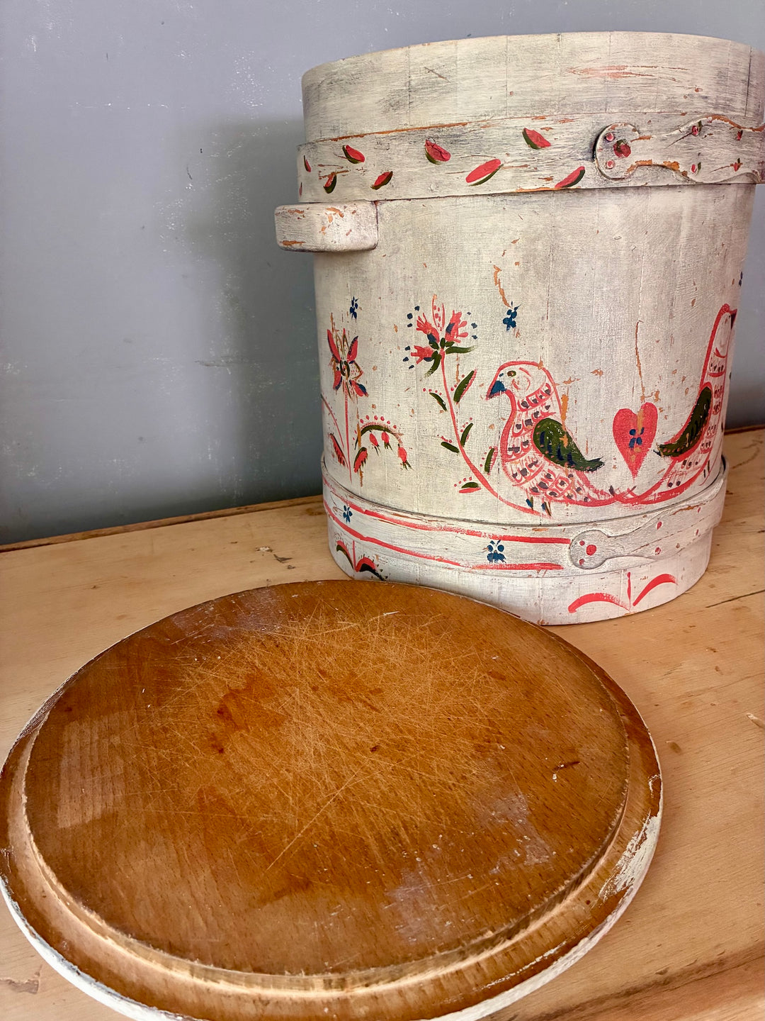 Folk Art Painted Wooden Firkin - Round Bin with rustic folk art design and lidded top, perfect for country home style.