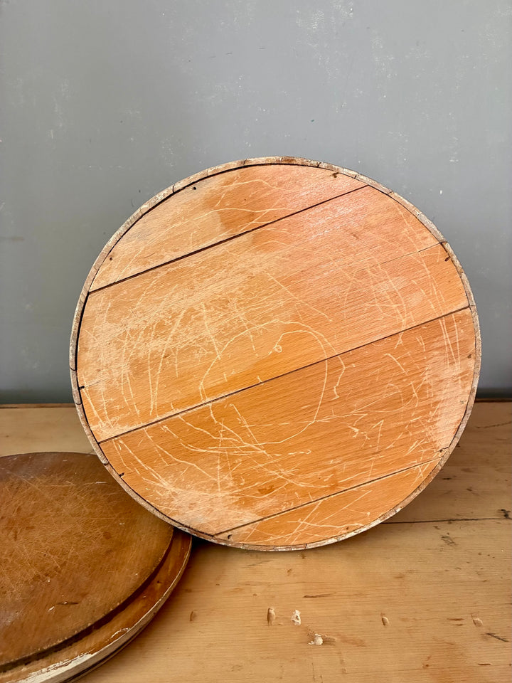Folk Art Painted Wooden Firkin - Round Bin lid showcasing natural wood textures, perfect for country home style decor.