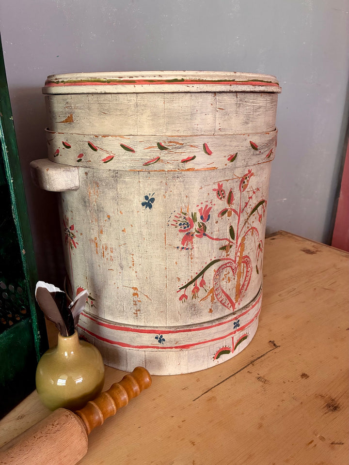 Folk Art Painted Wooden Firkin - Round Bin with naive folk art design and rustic charm, perfect for country home style.