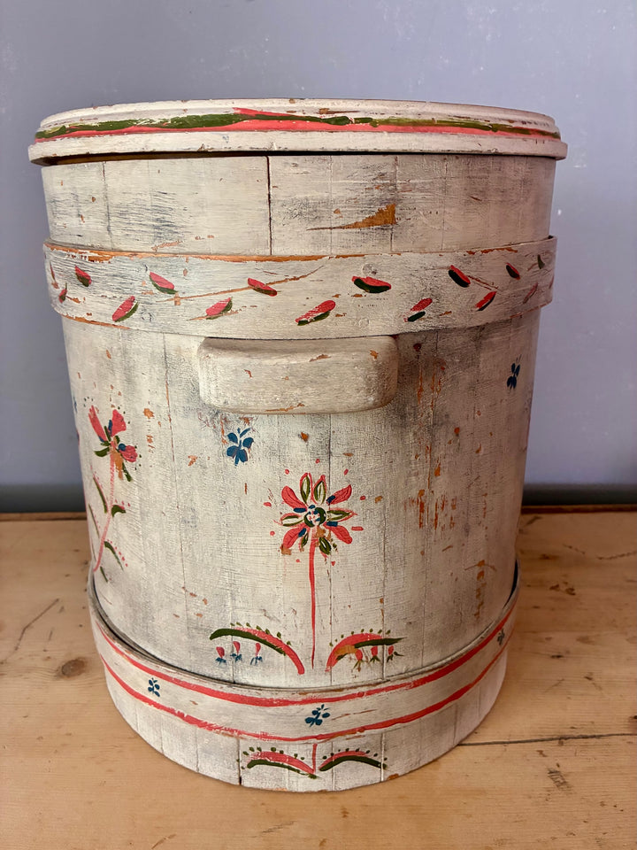 Folk Art Painted Wooden Firkin - Round Bin, hand-painted in naive folk art style, perfect for country home style decor.