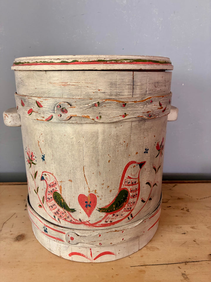 Folk Art Painted Wooden Firkin - Round Bin with naive folk art design, featuring birds and floral motifs in warm colors.