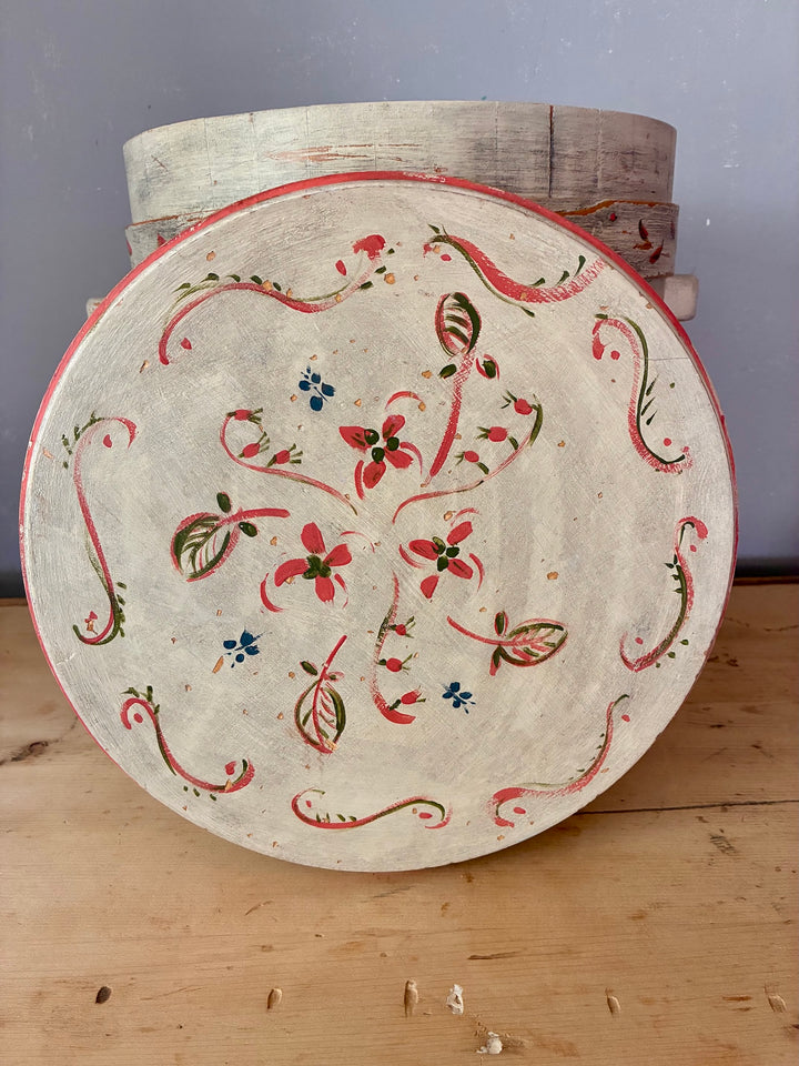 Folk Art Painted Wooden Firkin - Round Bin featuring naive folk art design with floral patterns on distressed background.