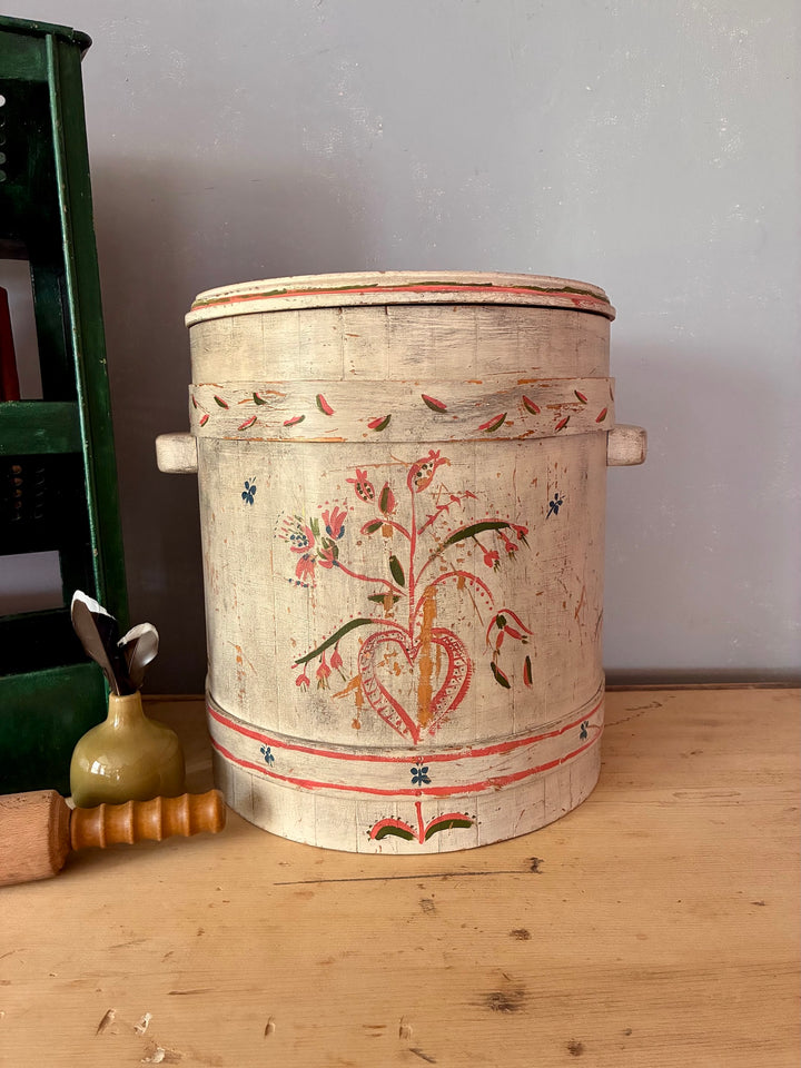 Folk Art Painted Wooden Firkin - Round Bin featuring naive folk art style on a rustic kitchen table.