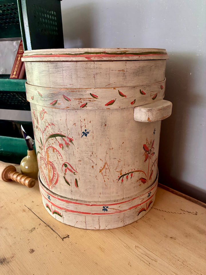 Folk Art Painted Wooden Firkin - Round Bin featuring naive folk art design, ideal for country home style decor.