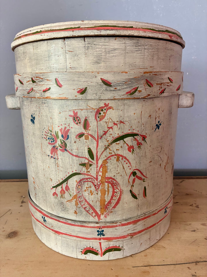 Folk Art Painted Wooden Firkin - Round Bin with naive folk art design, featuring pink and green floral patterns.