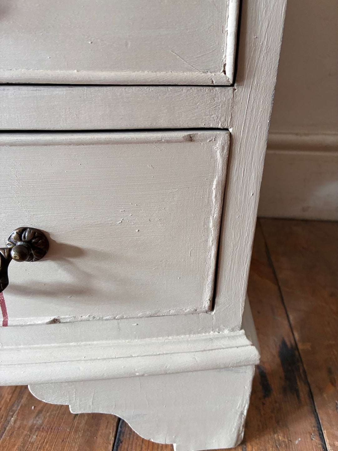 The Georgian Ribbon Chest of Drawers- Hand Painted close-up of drawer and vintage handle detail in Devon.