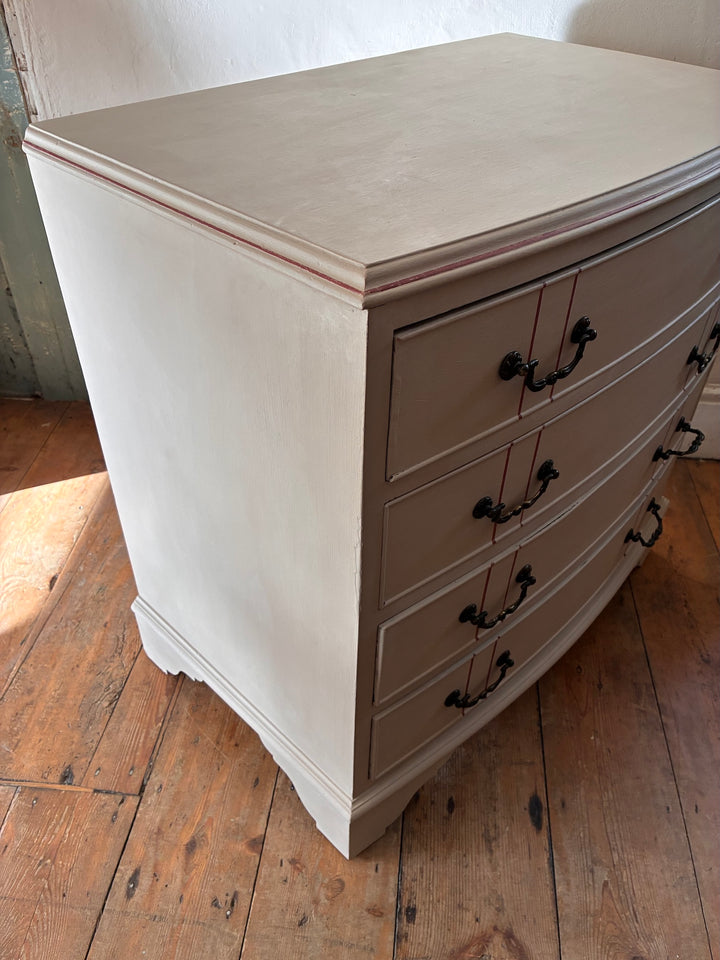 The Georgian Ribbon Chest of Drawers- Hand Painted in soft primer red and grey, vintage home style, on wooden floor.