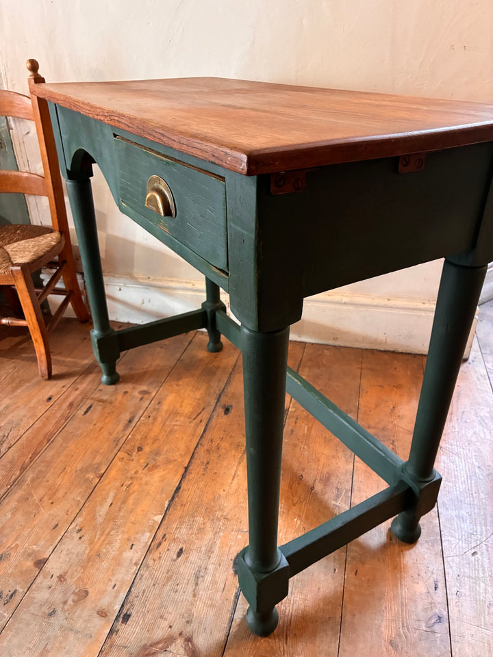 Vintage Painted Desk - Amsterdam Green showcasing its dark green finish and original brass cup handle.
