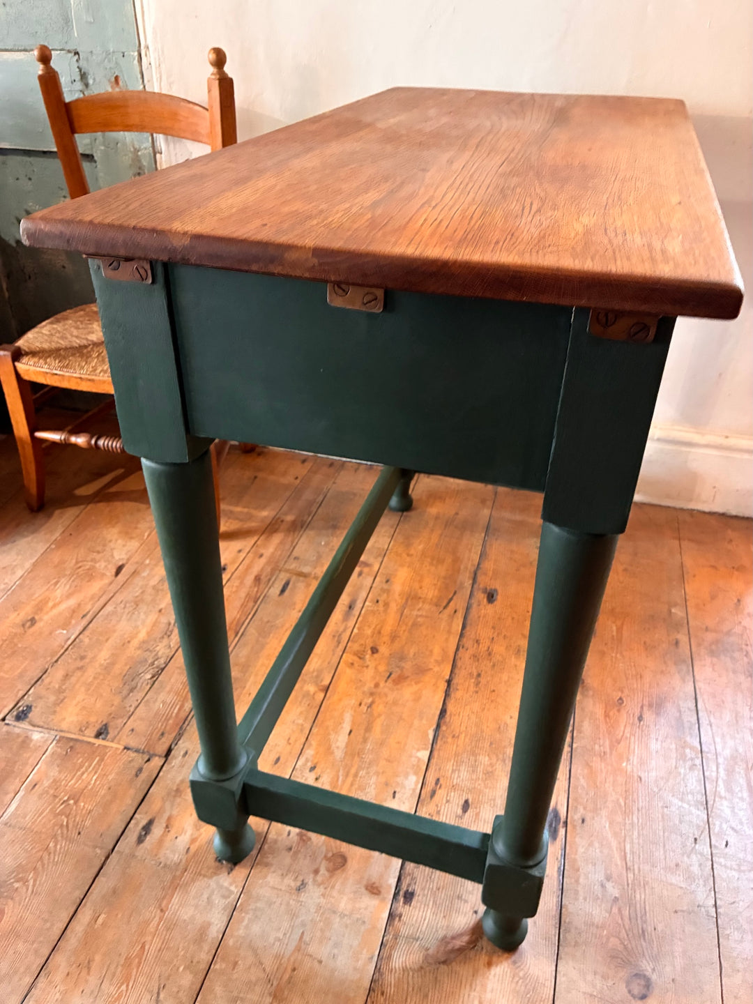 Vintage Painted Desk - Amsterdam Green showcasing arched kneehole and offset drawer with original brass handle.