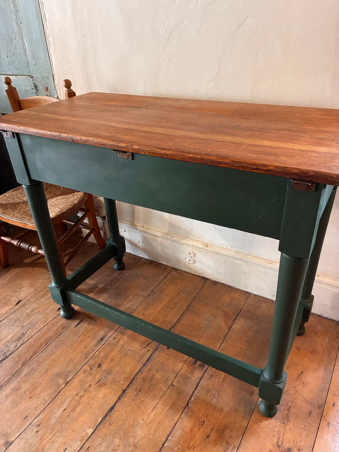 Vintage Painted Desk - Amsterdam Green showcasing rich dark green paint and unique design elements.