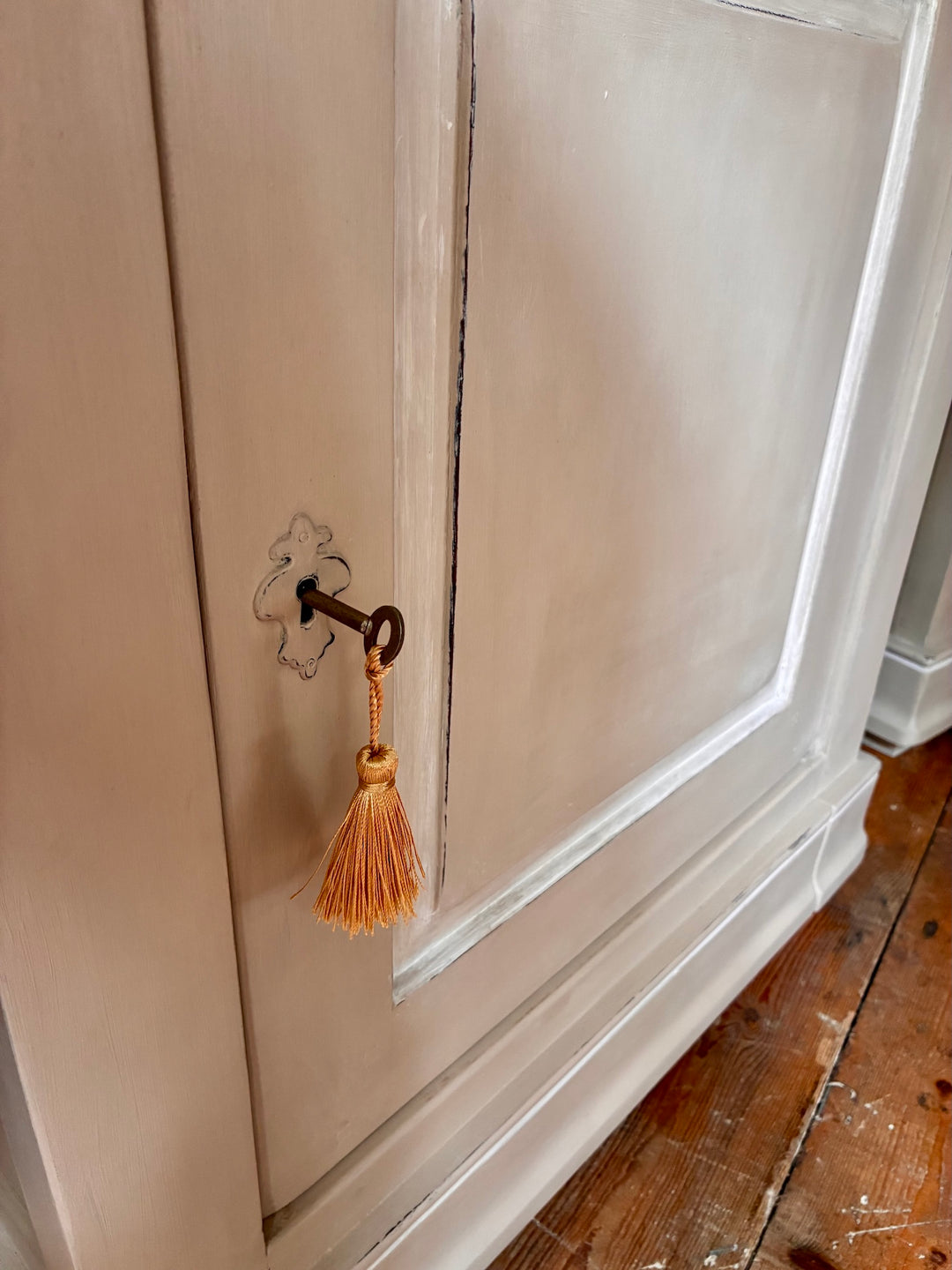 The Manoir - Oversized Painted Side Cupboards keyhole and tassel detail, showcasing hand painted country house style.