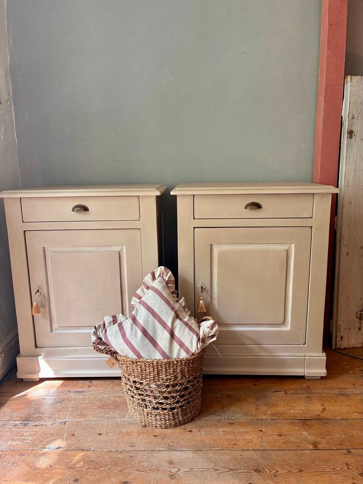 The Manoir - Oversized Painted Side Cupboards, hand painted country house style cabinets with a woven basket and cushion.