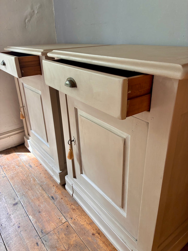 The Manoir - Oversized Painted Side Cupboards with drawers opened, showcasing hand painted country house style.