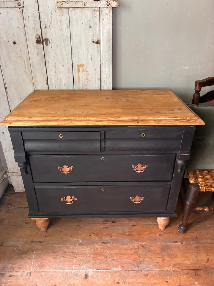 Rustic Pine Chest of Drawers - Ebonised Paint with wooden top and brass handles.