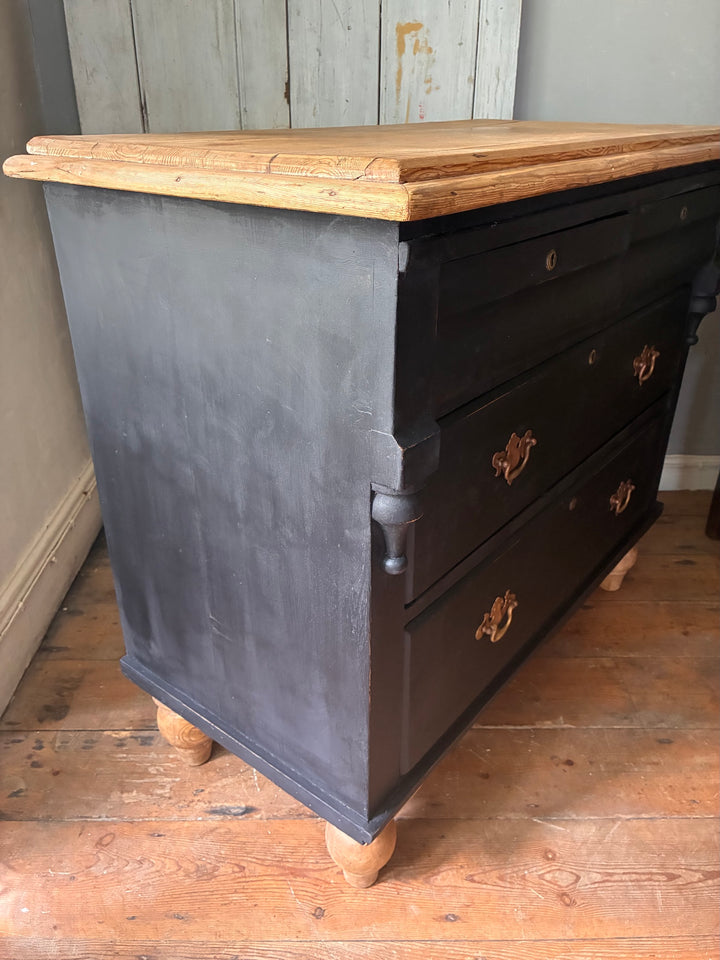 Rustic Pine Chest of Drawers - Ebonised Paint featuring a natural wood top and decorative brass handles.