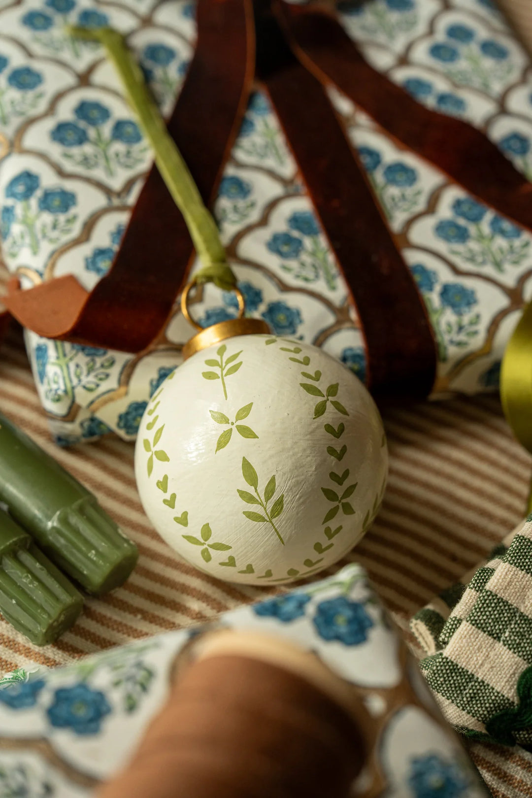 Set of Three Hand-Painted Baubles with Velvet Ribbon - Winter Berry or Pine Green