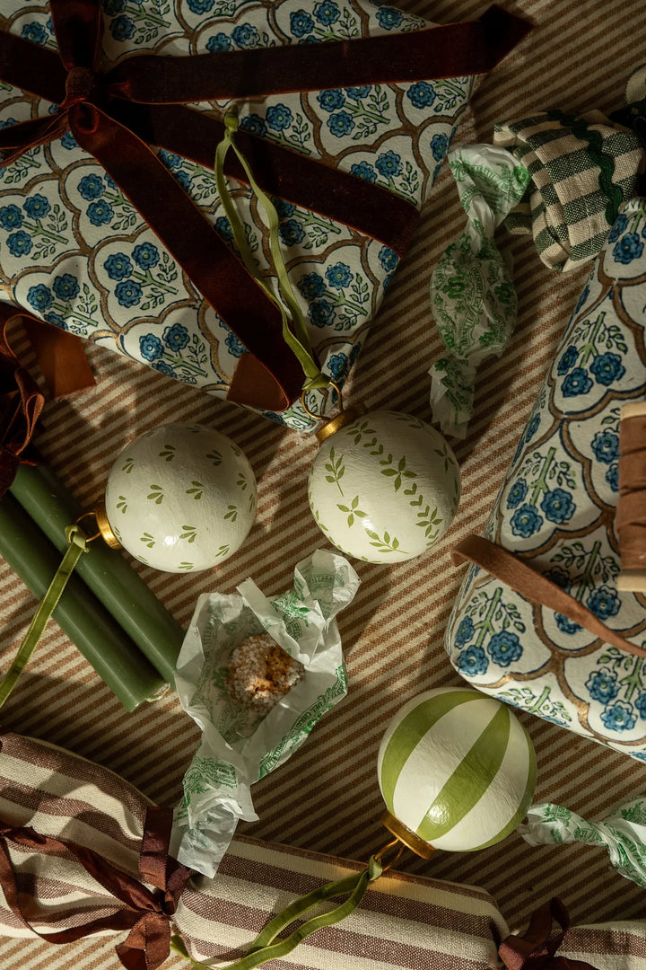 Set of Three Hand-Painted Baubles with Velvet Ribbon - Winter Berry or Pine Green