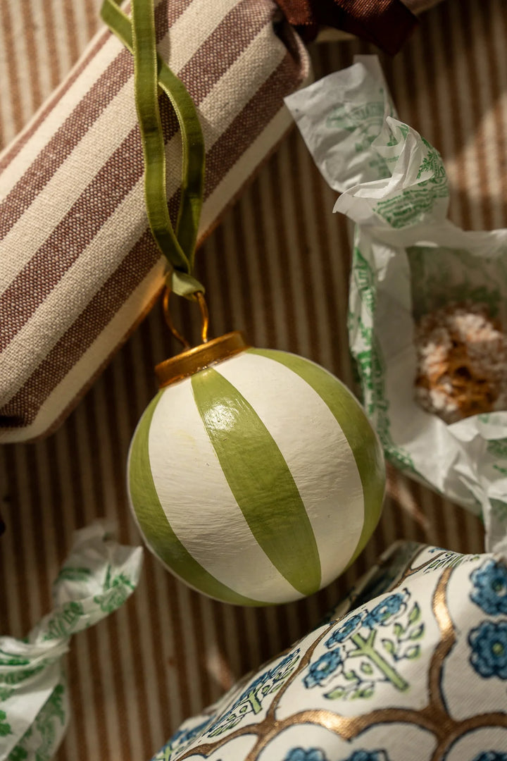 Set of Three Hand-Painted Baubles with Velvet Ribbon - Winter Berry or Pine Green