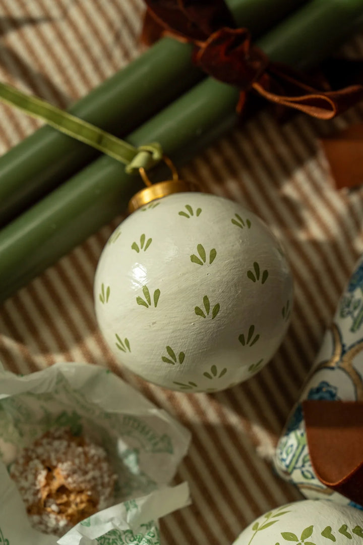 Set of Three Hand-Painted Baubles with Velvet Ribbon - Winter Berry or Pine Green