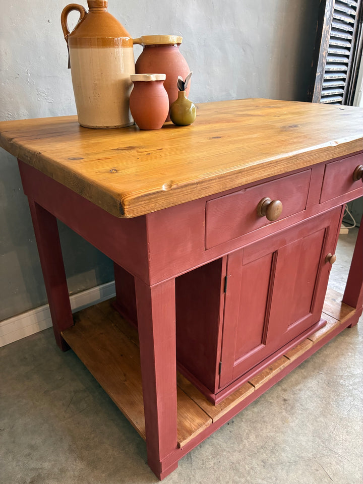 Pine Kitchen Island with Painted Base featuring a butcher's block top and storage drawers, sourced from Source for the Goose Devon.