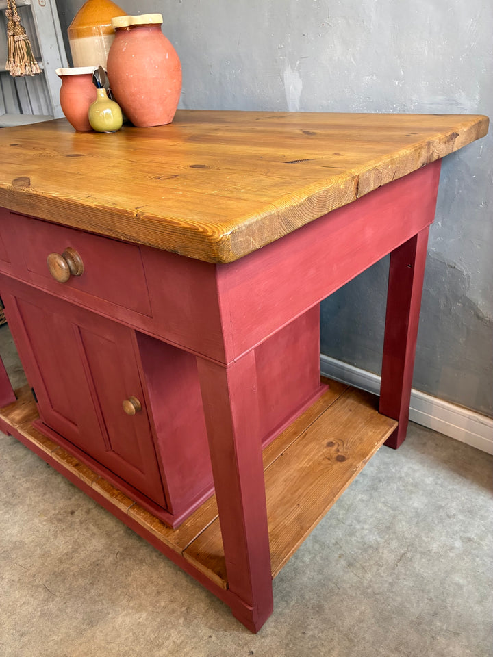 Pine Kitchen Island with Painted Base featuring a butcher's block top and primer red base, perfect for kitchens.