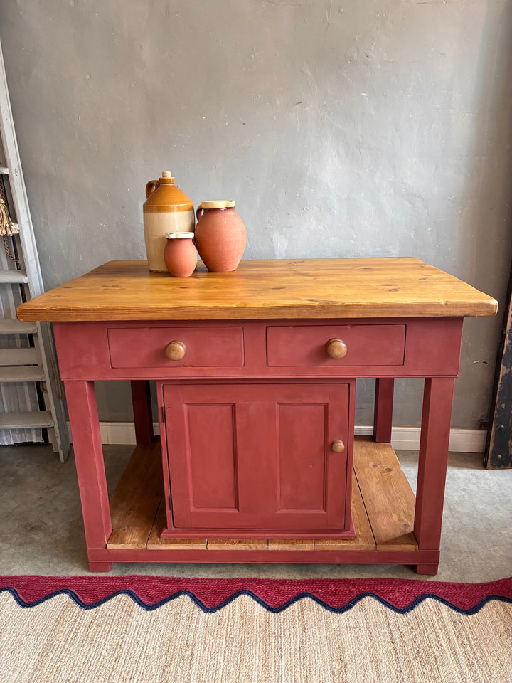 Pine Kitchen Island with Painted Base featuring butcher's block top and red-painted base for rustic kitchen charm.