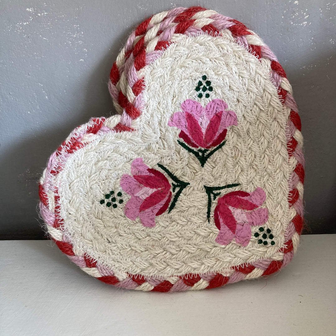 Pink Lily Heart Shaped Jute Coaster