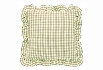 Pale Olive Ruffle Cushion by Source for the Goose, featuring a soft green and white check pattern.