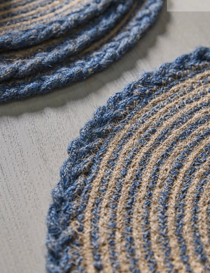 Plaited Jute Round Placemat - Indigo Blue detail, handcrafted from natural jute in blue and natural tones.