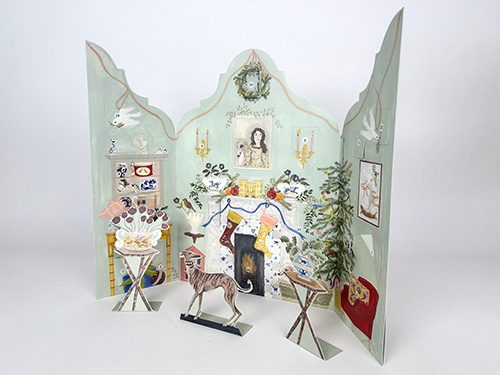 3D festive Dutch gable house scene for Polly Fern Advent Calendar, featuring stockings, a greyhound, and holiday decorations.