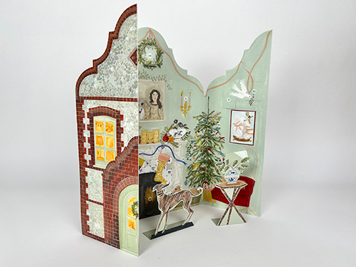 Polly Fern Festive Dutch Gable House 3D Advent Calendar with charming room scene and greyhound decoration.