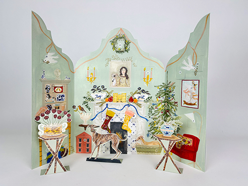 3D festive living room scene from Polly Fern's 2025 Advent Calendar by Source for the Goose, showcasing Christmas decorations.