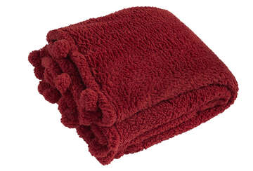 Cosy Pom Pom Throw in Deep Red with velvety texture and playful pom poms from Source for the Goose, Devon.