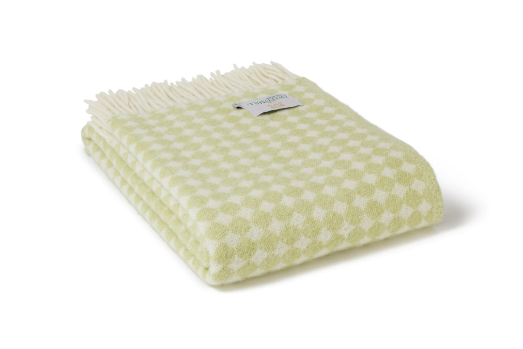 Tweedmill Jacquard Spot Sage Green Wool Blanket with cream spots and tassels, sourced from Source for the Goose, Devon.