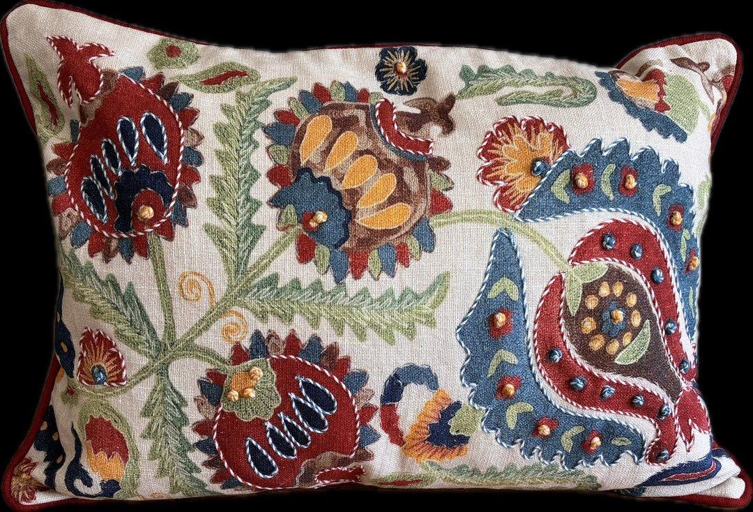 Crewel Work Heritage Cushion - Feather Filled with vibrant Suzani-inspired embroidery in rich colors.