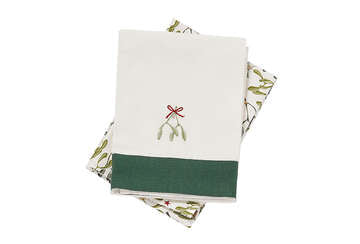 Robin and Mistletoe Tea Towel Set from Source for the Goose, Devon. Perfect Christmas gift with embroidered mistletoe design.