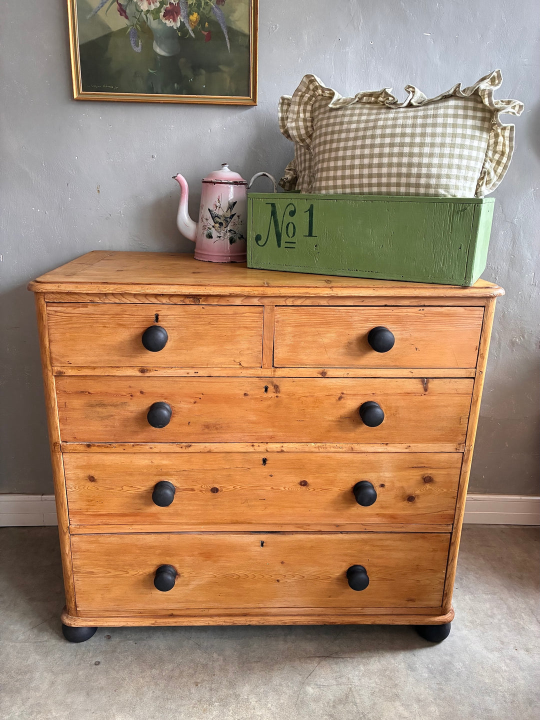 Rustic Victorian Pine Chest of Drawers from Source for the Goose, featuring two over three drawers and antique finish.