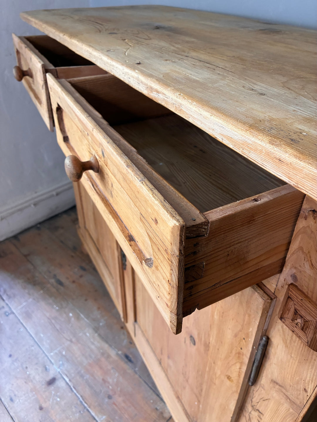 Rustic Antique Pine French Cupboard with open drawers, showcasing its charming aged finish and authentic design.