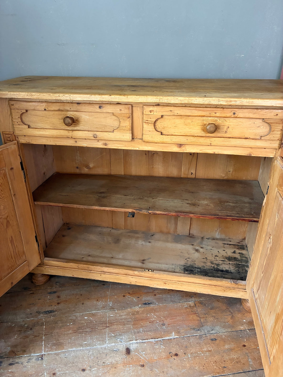 Rustic Antique Pine French Cupboard with two drawers and an open cabinet, sourced from Source for the Goose, Devon.