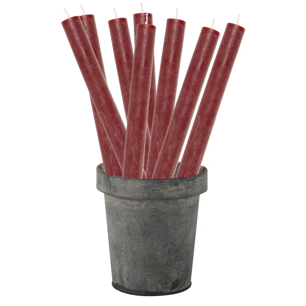 Set of three rustic plum red dinner candles in a vintage pot, perfect for traditional home decor. Source for the Goose Devon.