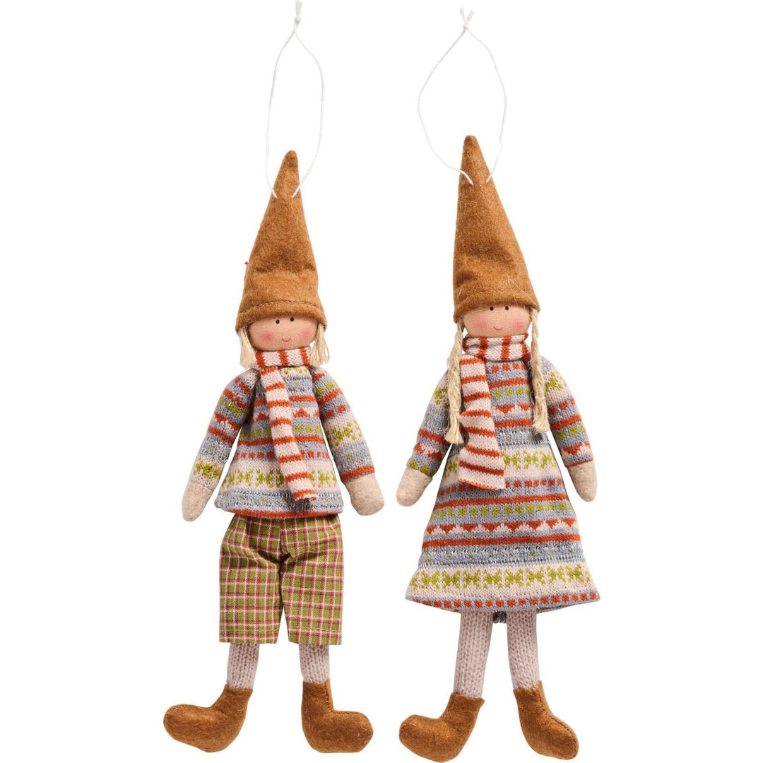 Rustic hanging dolls Sophie and Siggy in knitted jumpers and felt hats, perfect autumn decor by Source for the Goose, Devon.