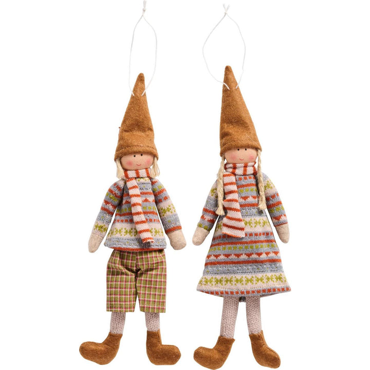 Rustic hanging dolls Sophie and Siggy in knitted jumpers and felt hats, perfect autumn decor by Source for the Goose, Devon.