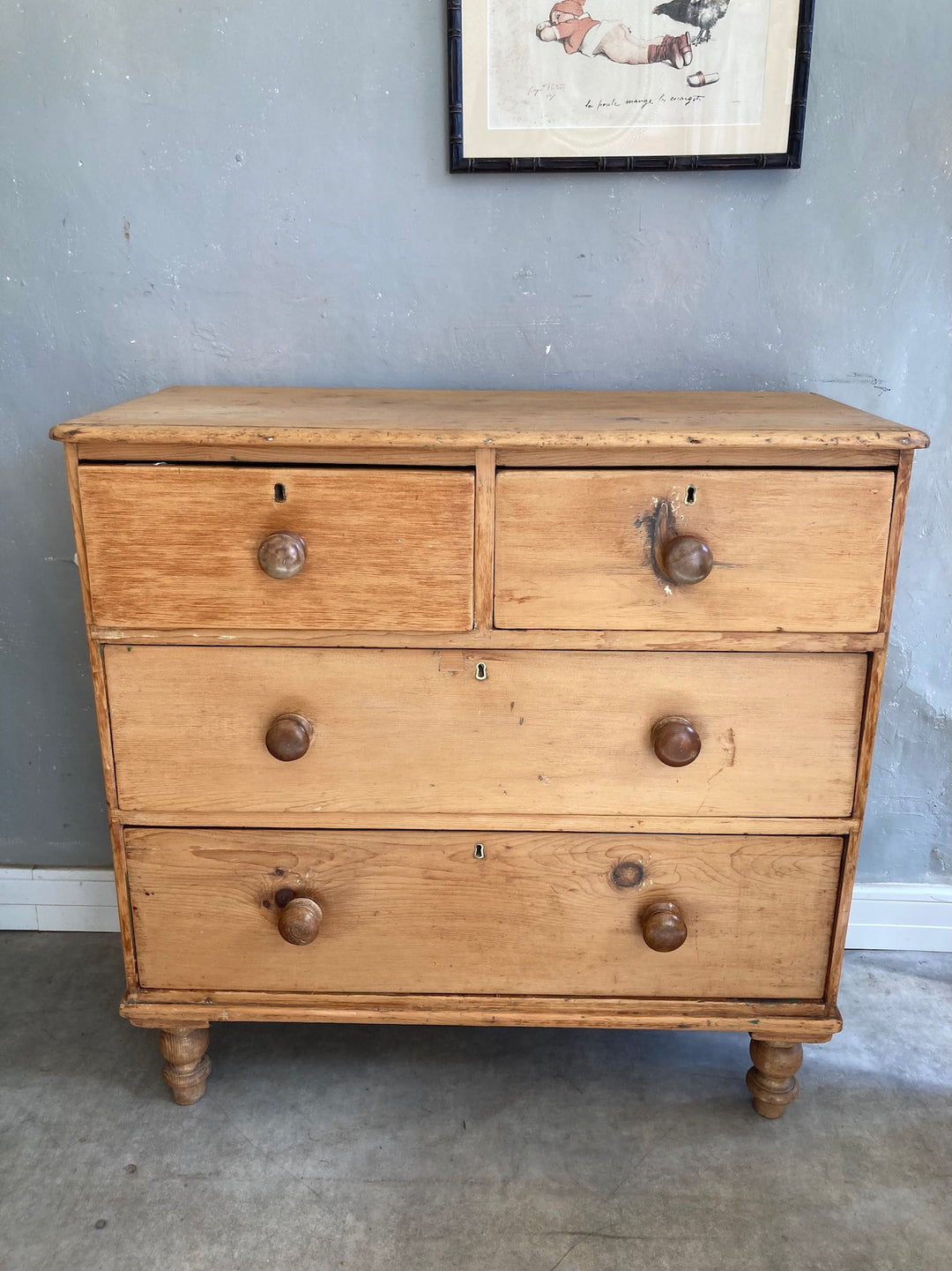 Rustic Victorian Pine Chest of Drawers with original elm knobs and turned feet from Source for the Goose, Devon.