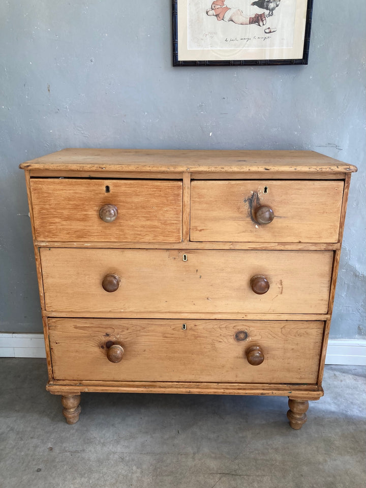 Rustic Victorian Pine Chest of Drawers with original elm knobs and turned feet from Source for the Goose, Devon.