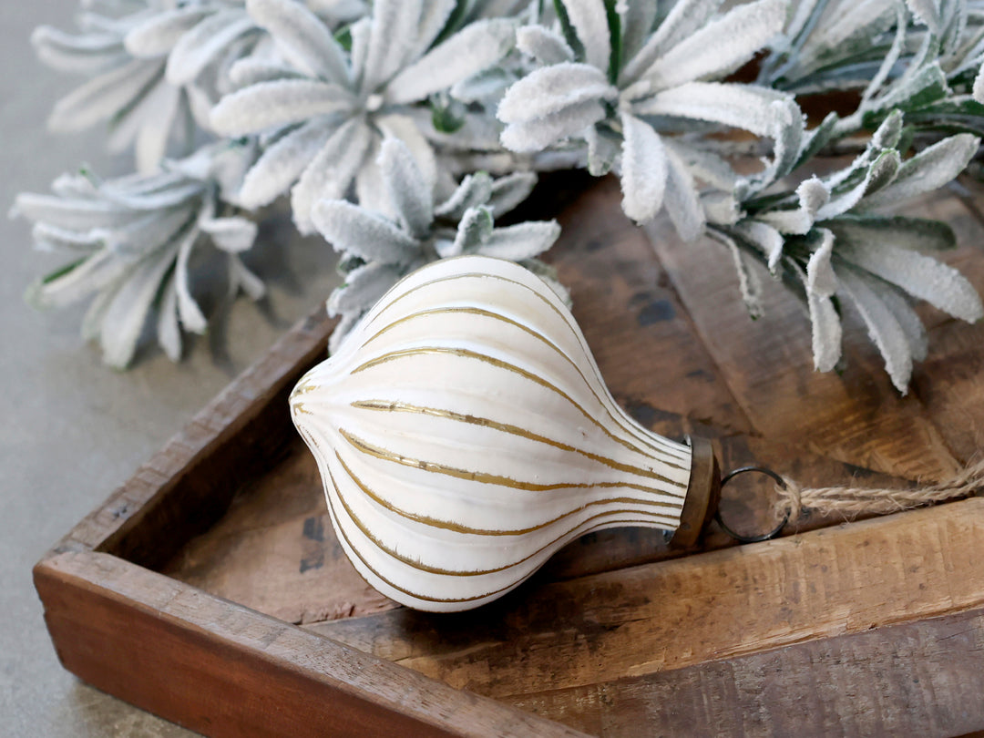 onion bauble with distressed effect and rustic twine to hang it from
